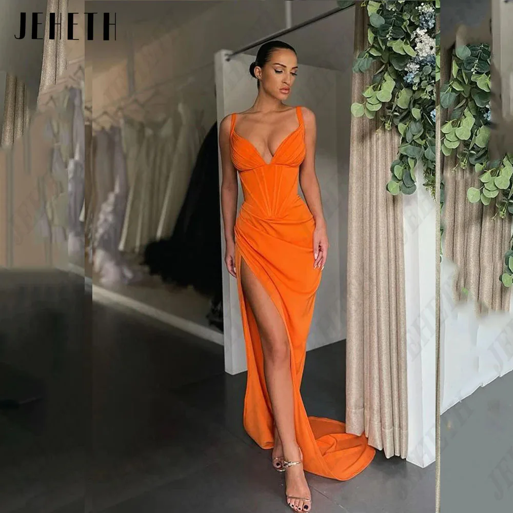 JEHETH Modern Evening Dresses For Woman Spaghetti Straps Mermaid Empire Prom Gowns Side Split Satin Sexy vestidos de gala 2023