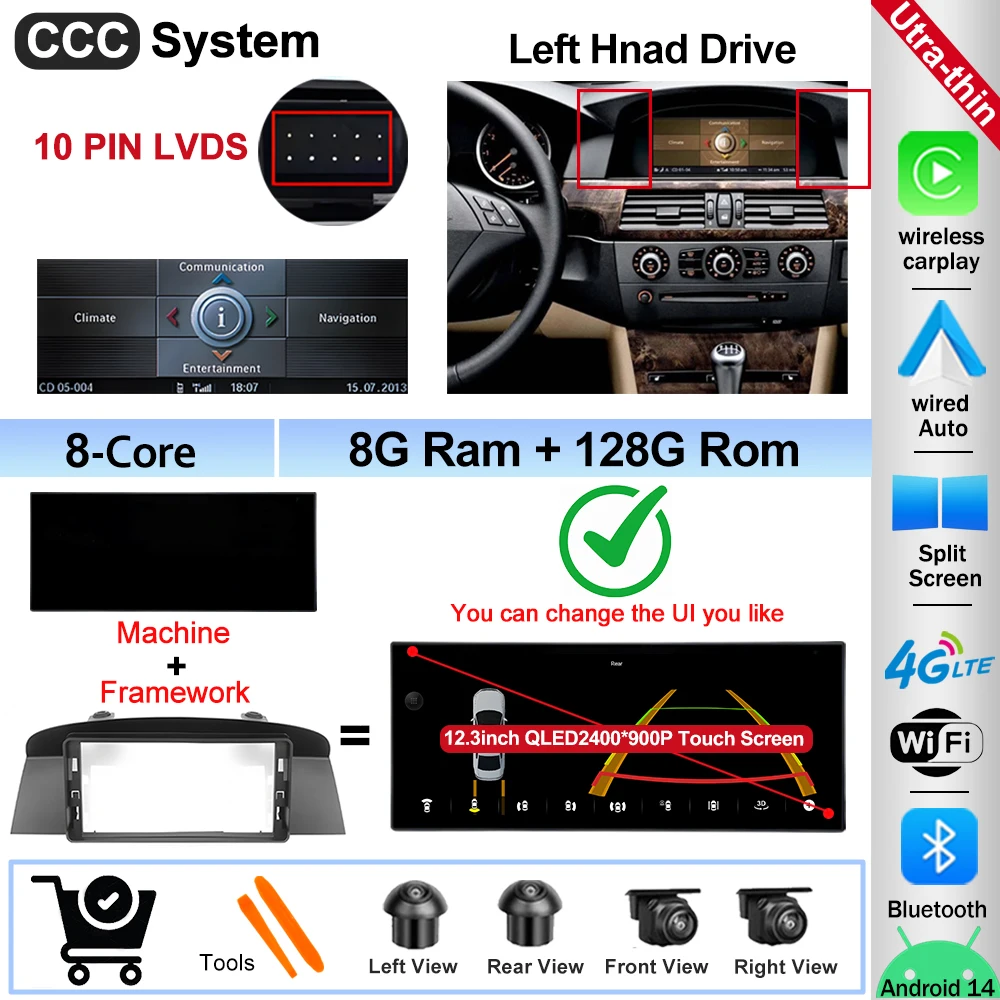 12.3" Ultra-thin Screen Android 16 BT for BMW 5 Series E60 E61 E62 2004-2008 CIC CCC System 4G Car Radio Video Multimedia Player image 3