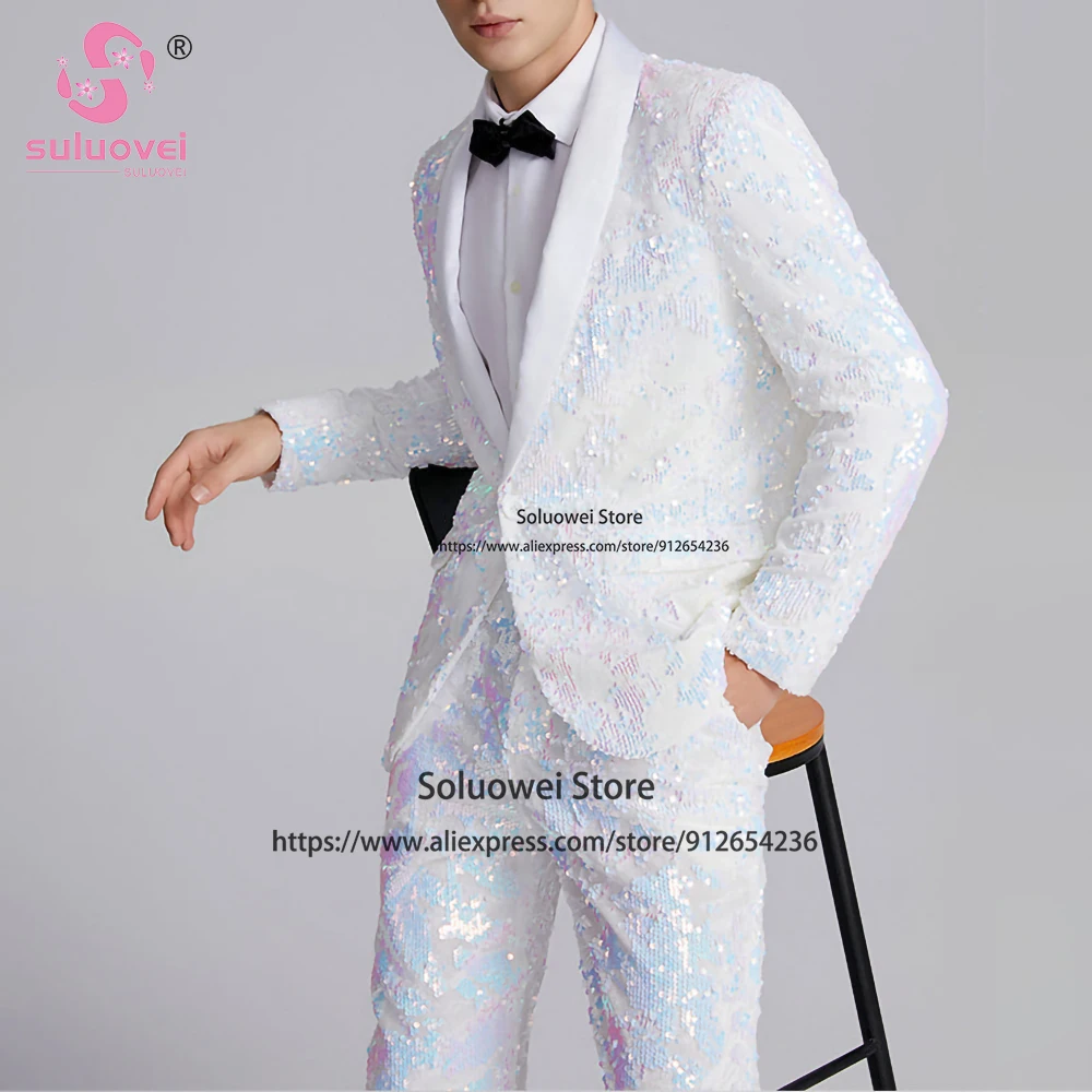 Luxury Sequin Slim Fit Suits For Men Elegant 2 Piece Jacket Pants Set Formal Groom Wedding Shawl Lapel Tuxedos Vestidos De Novia