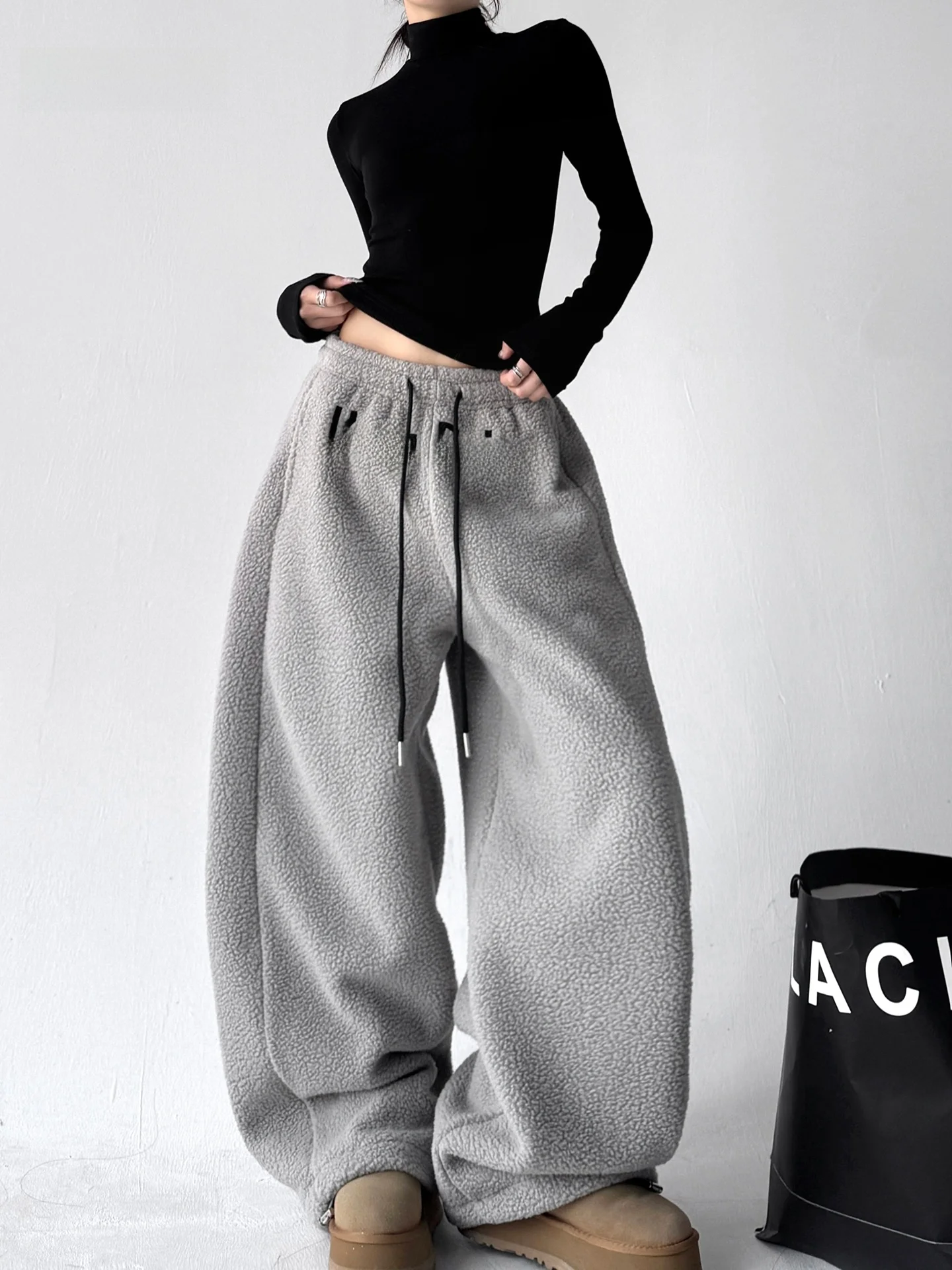 

Американские женские широкие брюки в стиле lazy style, зимние, модные, новые, на шнурке, повседневные, теплые, из хлопкового флиса, с высокой талией