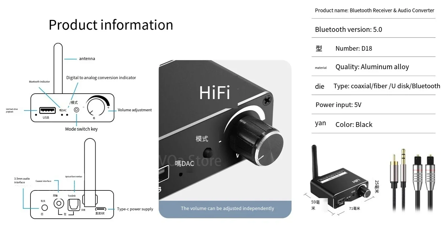 Bluetooth receiver 5.0 lossless audio box power amplifier coaxial fiber optic digital audio conversion adapter