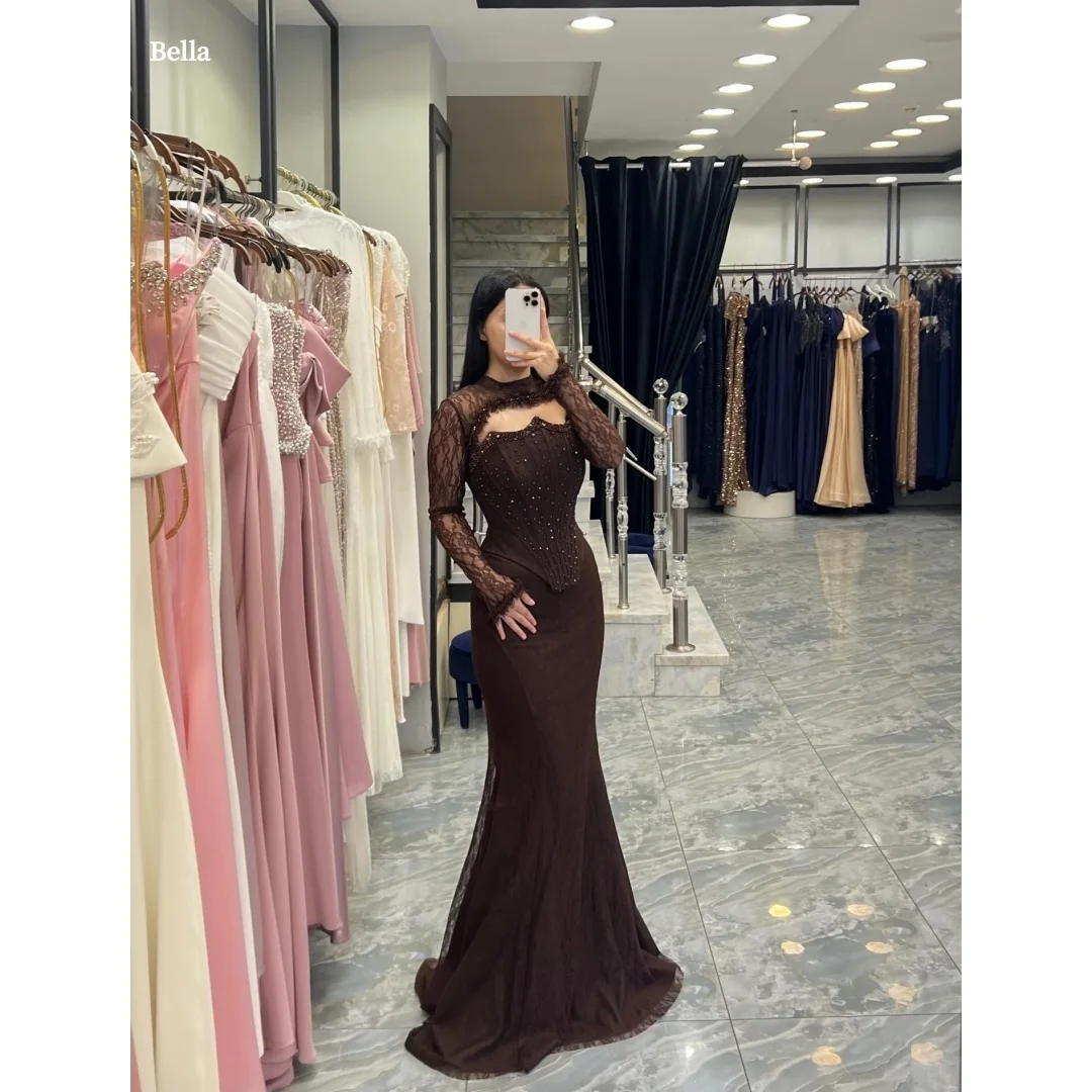 

Индивидуальное платье для выпускного вечера Bella, темно-коричневое, с кружевным лифом-халтером, длинными рукавами, расшитое бисером, корсетное, в стиле русалка, вечернее платье, коллекция 2025