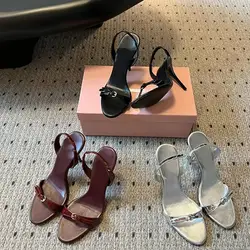 2025 New Versatile Open Toed Round Head Rear Tripping Strap One Word Strap Metal Buckle High Heel Sandals for Women