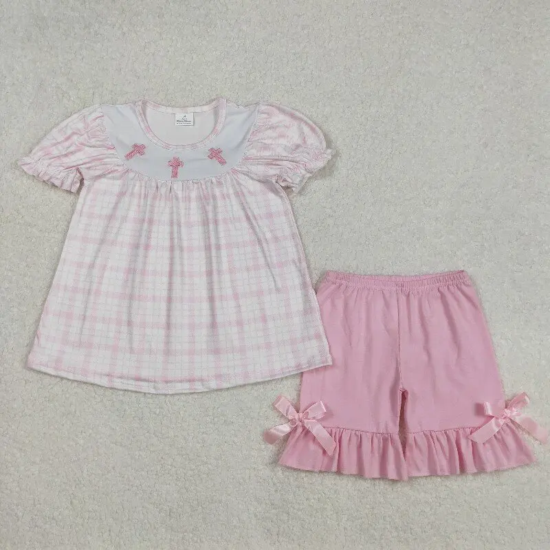 

X12.22 GSSO1855 New Baby Girl Embroidered Easter Cross Pink Plaid Short-Sleeve and Shorts Set