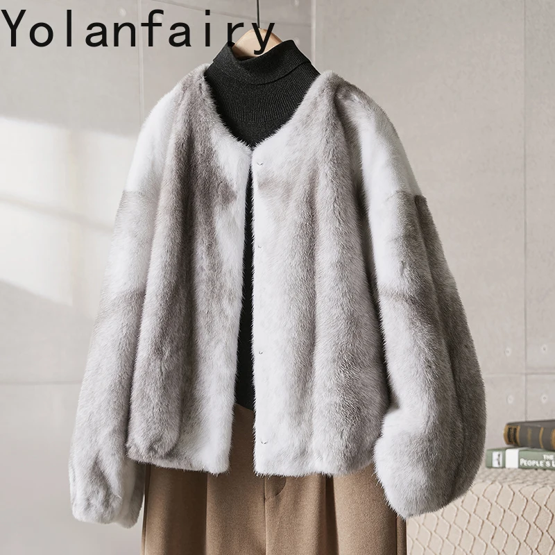YOLANFAIRY High-end Whole Cross Mink Fur Jackets for Woman Winter Natural Fur Coat Warm Short Real Fur Jacket Women Clothing
