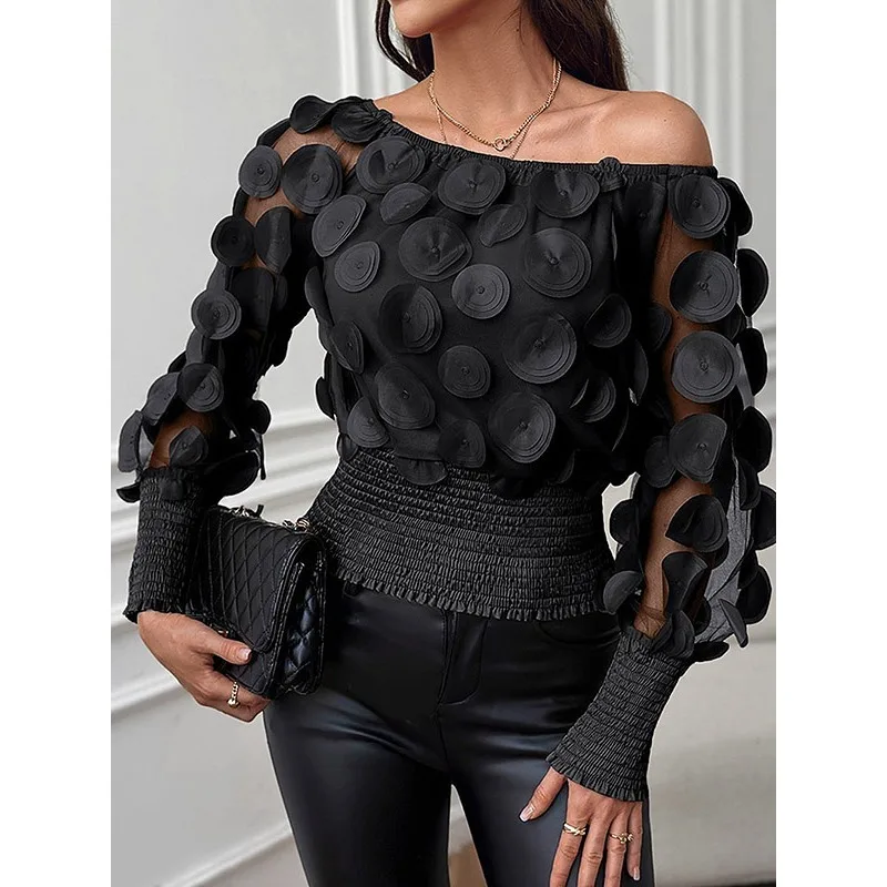 

Black Off-the-shoulder Tops Woman 2025 See-Through Gauze Puff Sleeve Elasticity Waist Split-Joint Blouses Pullovers 148763