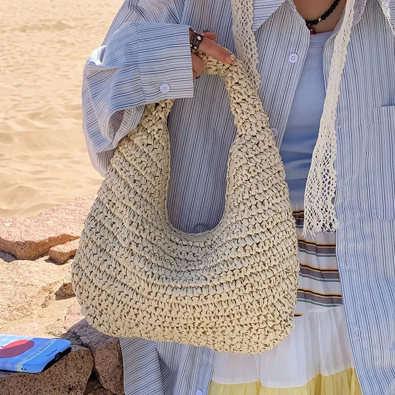 

Casaul Hobos Straw Bag Halfmoon Paper Woven Women Shoulder Bags Handmade Lady Handbags Trend Summer Beach Tote Bag 2025