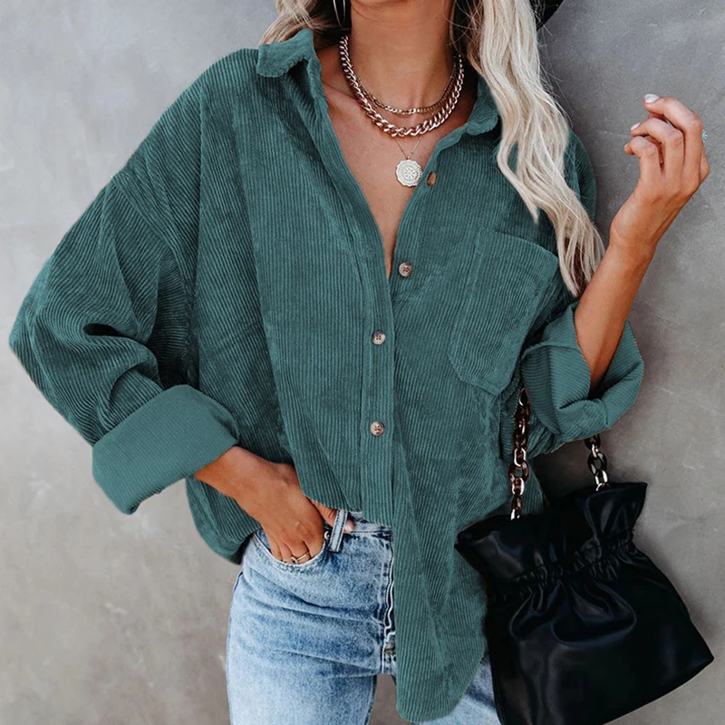 

Autumn Solid Corduroy Blouse Jacket Woman Long Sleeve Button Shirt Coat Jackets Women Vintage Fashion Loose Female Blouses 17787