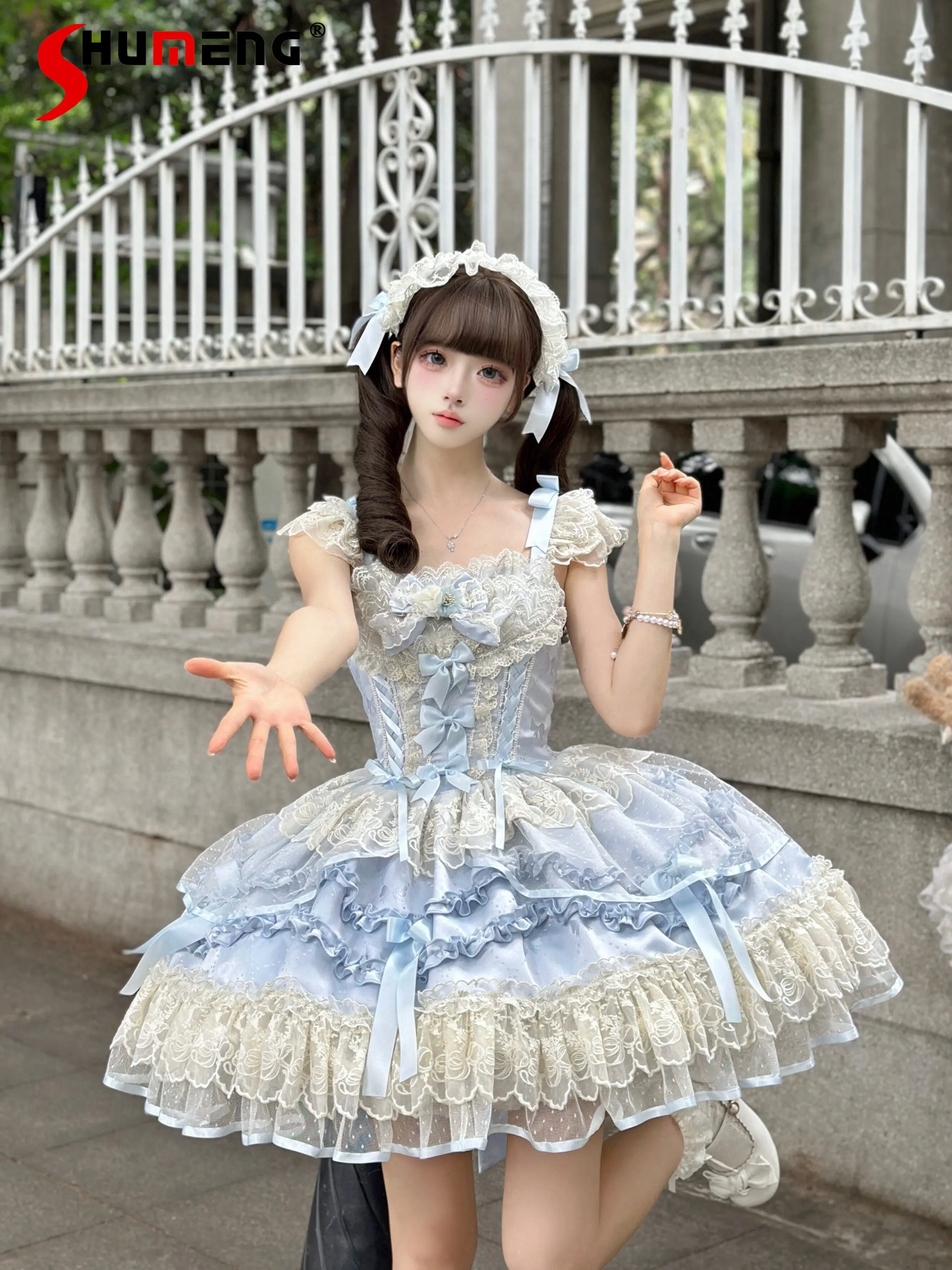 

Original Elegant Sweet Ballet Princess JSK Dresses Square Neck Sleeveless Lace Splicing Bow High Waist Lolita Fluffy Dress Women