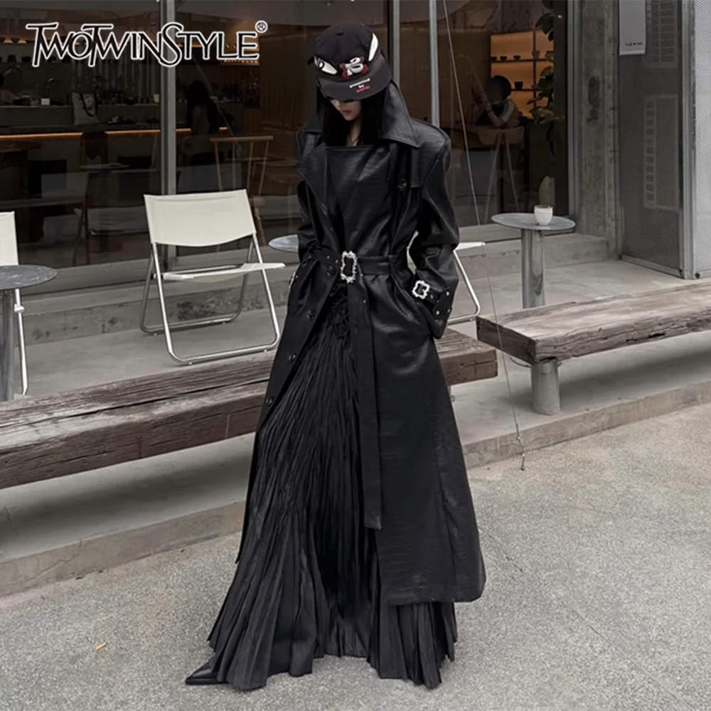 

TWOTWINSTYLE однотонные однобортные кожаные плащи для женщин с лацканами и длинными рукавами, лоскутные ремни, модный женский плащ, новый