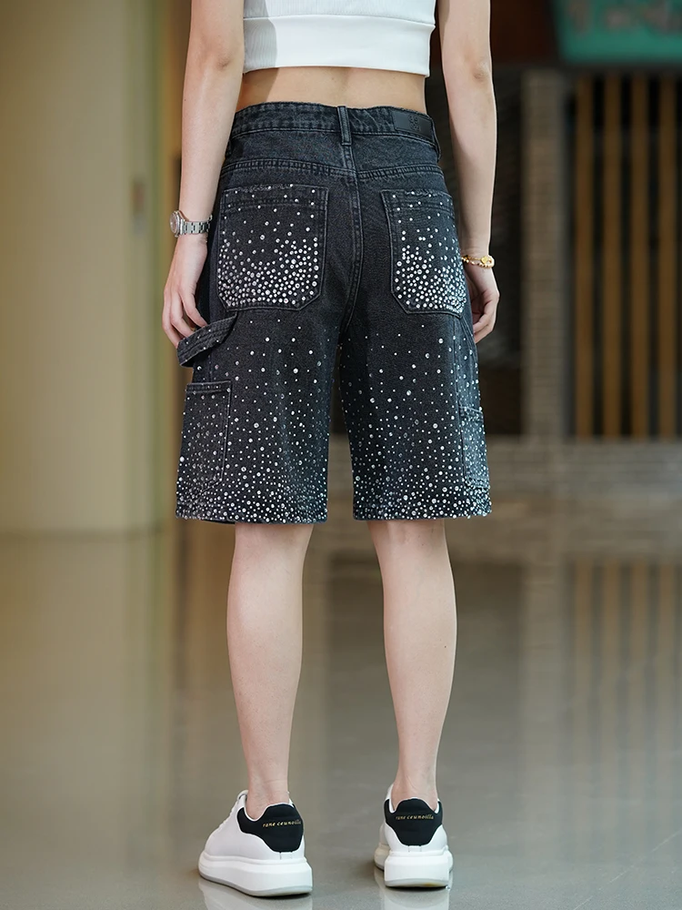 2025 Summer New Heavy Rhinestone Denim Shorts Men Fashion Trend Five-point Shorts American Style Loose Versatile Short