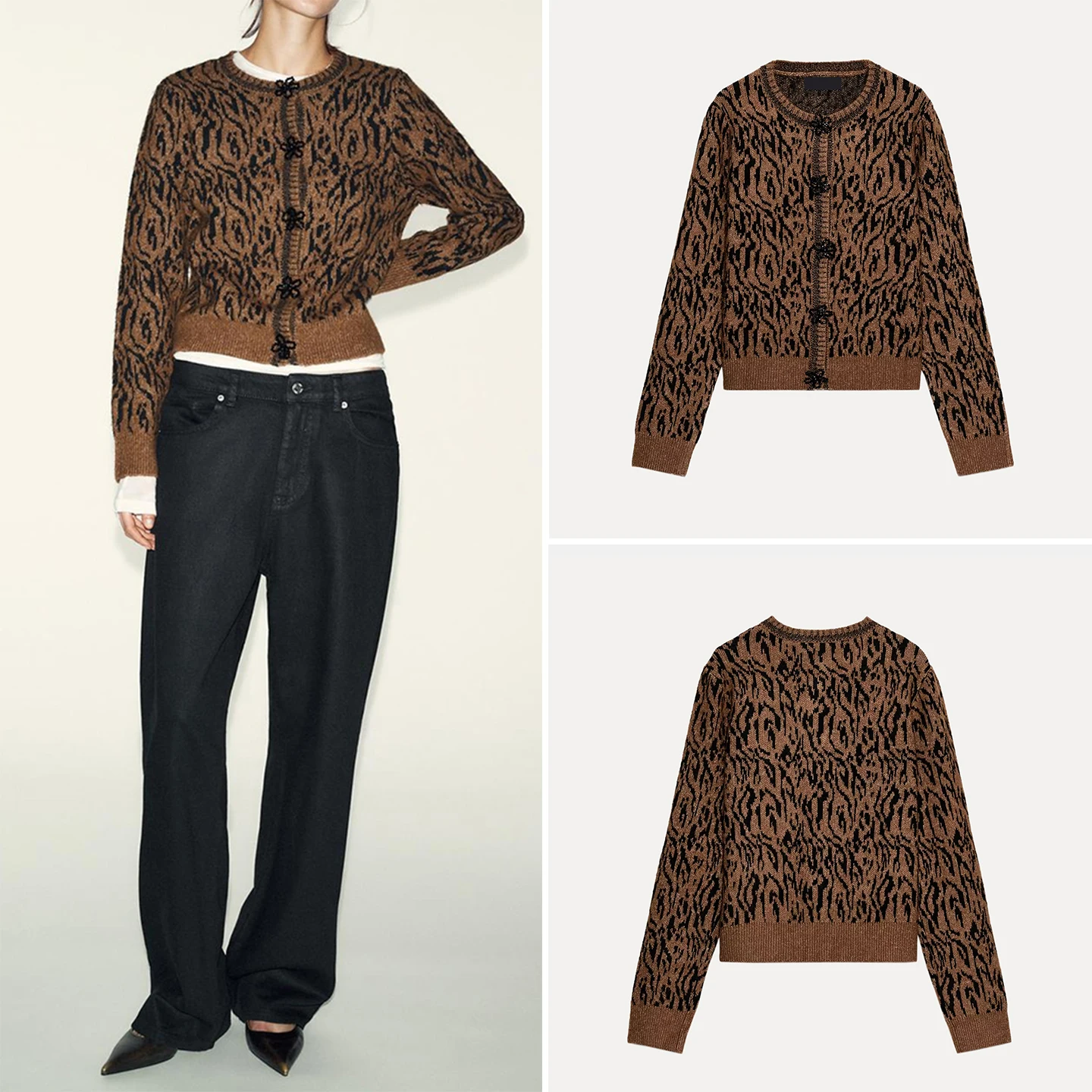 

2025 Winter New Women's Knitted Animal Patterned Outerwear Versatile Long Sve Cardigan European Sle Faionable Girl's S...