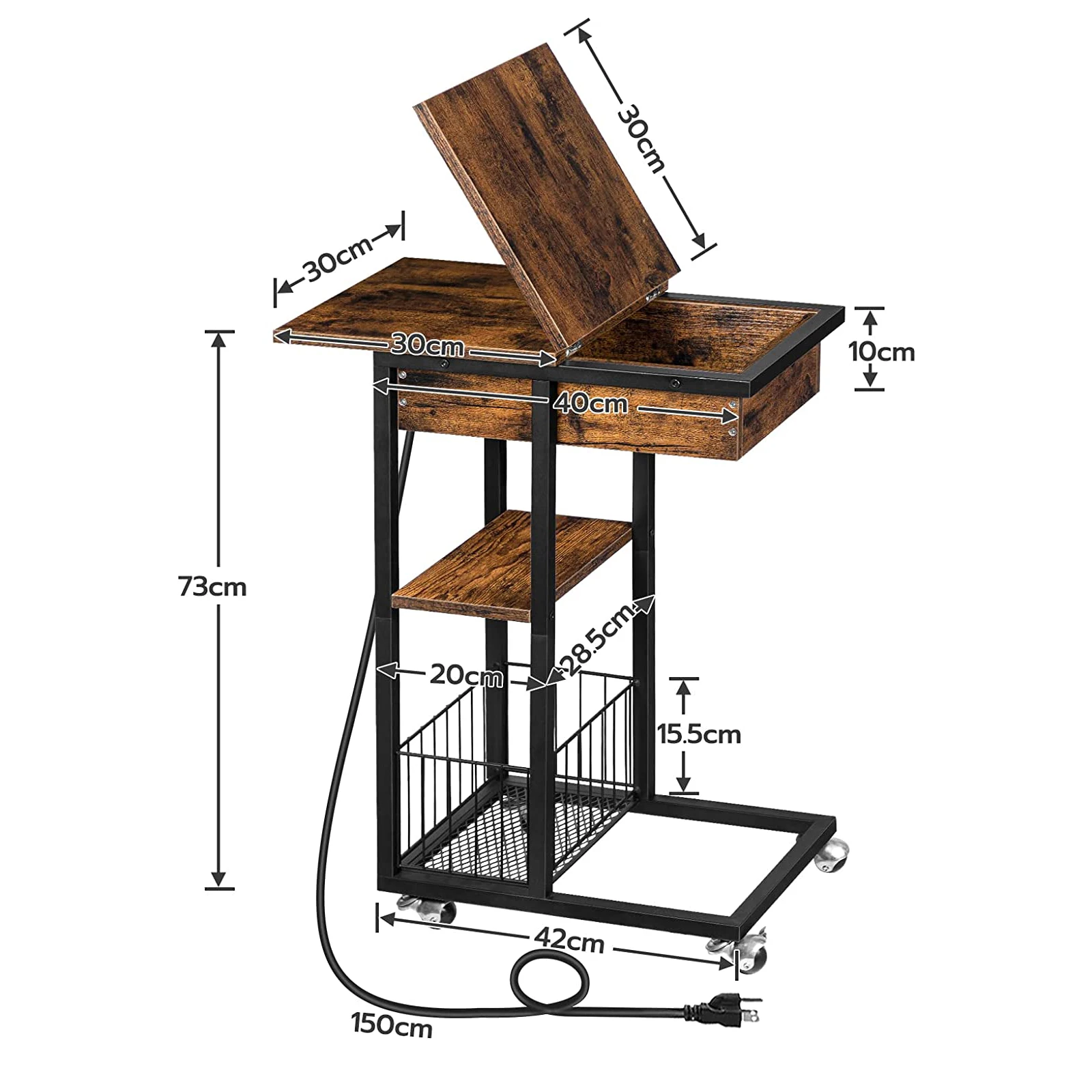 HOOBRO stolik z stacja ładowania Flip C kształt Sofa stolik stolik z kółkami i półką porty i gniazda USB sypialnia