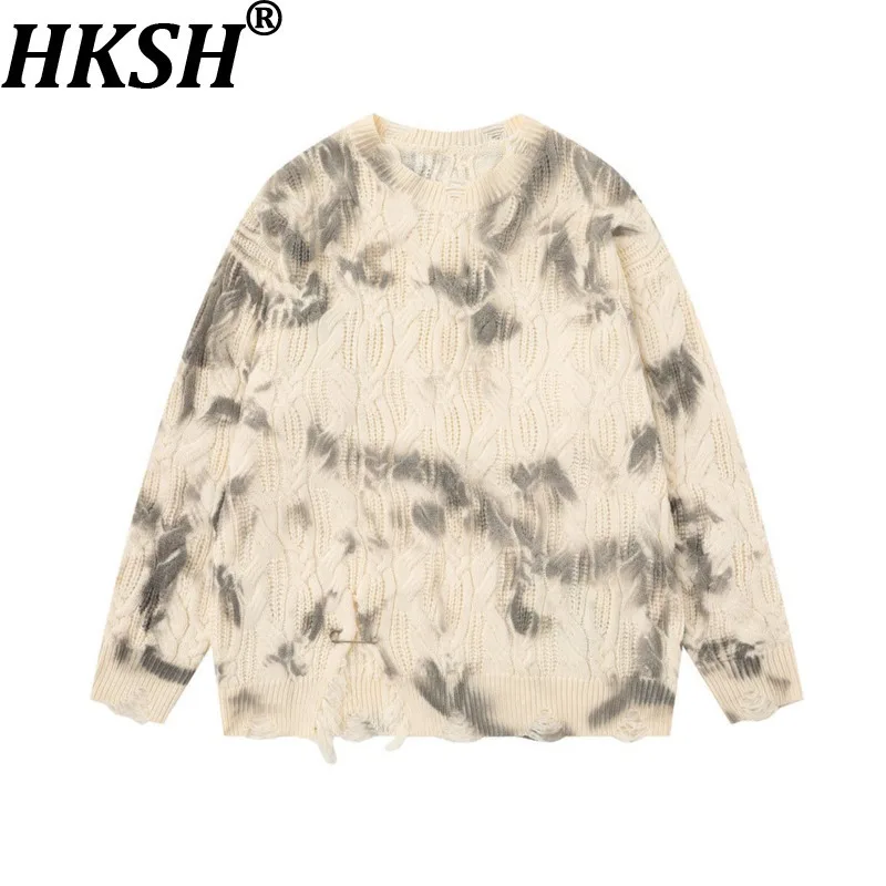 

HKSH Autumn Winter Men Tide High Street Punk Dark Distressed Texture Ribbed Twist Knitted Sweater Tie-Dye Dirty Pullover HK17305