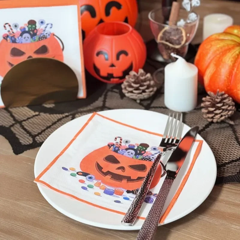 Servilletas de 2 capas para fiesta de Halloween, servilletas de papel con estampado colorido de calabaza, decoración festiva de restaurante,