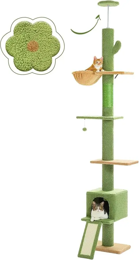 

PEQULTI Cat Tree Floor to Ceiling,Cactus Tall Cat Tower, Adjustable Height (83''-108'') 5 Tiers Climbing Tree for Indoor Cats wi