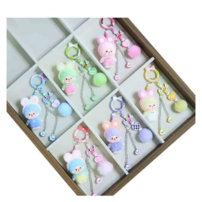 Cute Rabbit Ear Mongqi Spring Ring Pendant Sweet Doll Keychain Accessories Student Bag Hanging