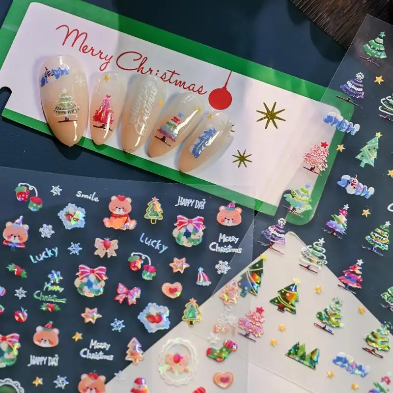 Adesivi per unghie natalizi con rilievo laser 5D Fiocchi di neve Babbo Natale Alce Albero di Natale Decalcomanie per unghie Set manicure natalizio invernale in rilievo