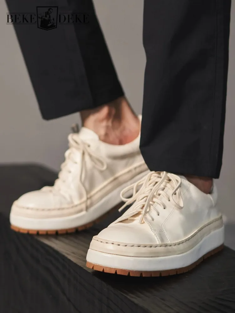 Spring Summer Handmade Vintage Design Mens Breathable Horsehide Genuine Leather Shoes Lace Up Round Toe Platform Casual Sneakers