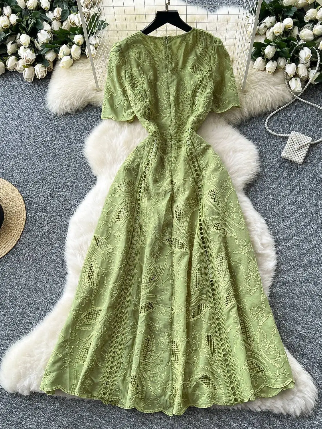 

BabYoung Ethnic Haruku French Style Robe Vintage Hollow Out Embroidery Slim Waist Mujer Moda Elegant Big Swing New Dress