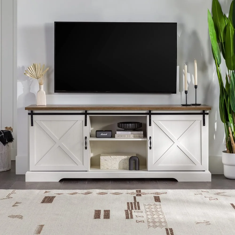 Corbin-Modern Farmhouse deslizante X celeiro porta TV Stand para TVs, Barnwood recuperada e branco escovado, até 80 in, 70 in