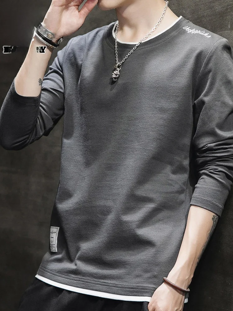 

Мужская модная универсальная футболка с длинным рукавом, новинка весенней коллекции, базовая футболка для ношения под одеждой, молодежный тренд, хлопковая ткань.