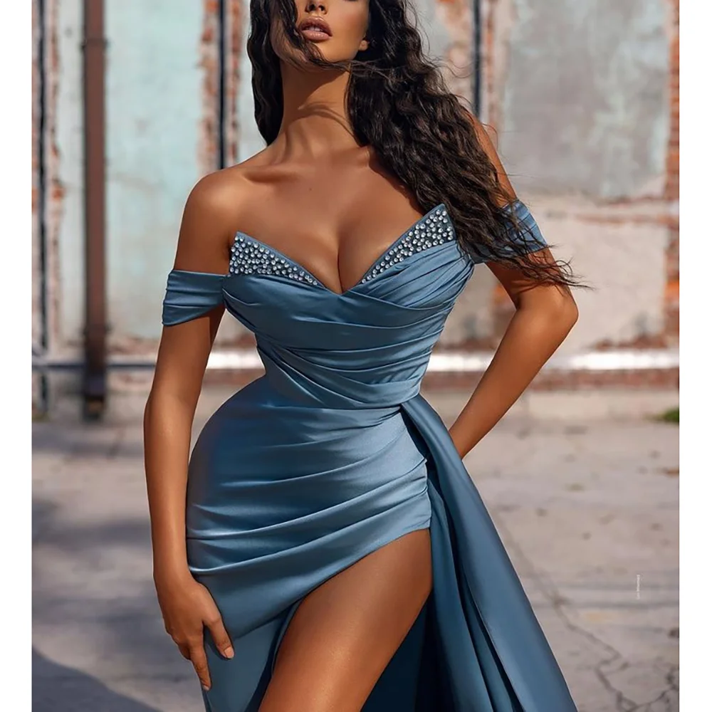 

Off The Shoulder V Neck Cystal Applique Floor Length Mermaid Evening Gown SIde Split Backless Prom Party Dress