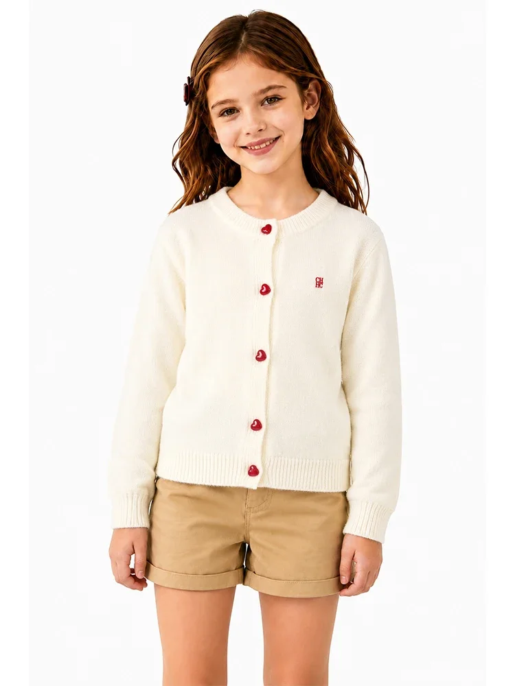 CH Mädchen Strick-Cardigan-Pullover mit langen Ärmeln, Herzknopf-Pullover, süßer, lässiger Schulstil für Kinder, Herbst- und Winterkleidung – Detail 2