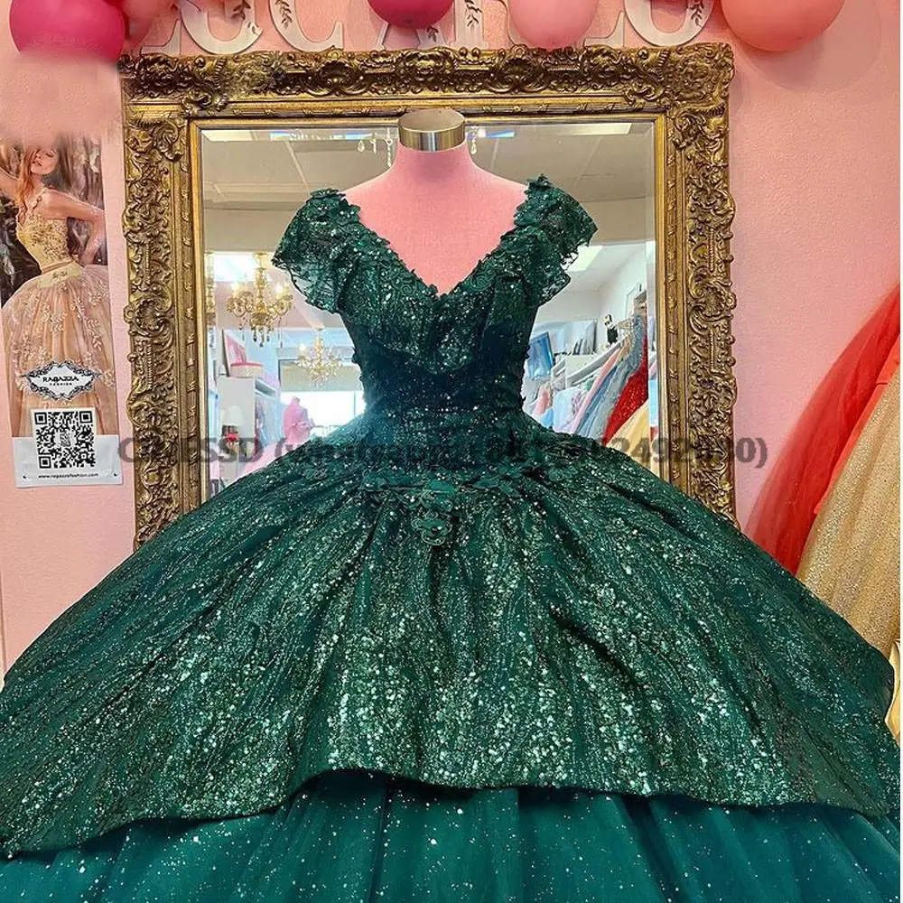 Vestido De quinceañera verde, cuello en V, cuentas De lentejuelas, encaje, Espalda descubierta, fiesta De princesa dulce 16, baile, 15 Años, 2022