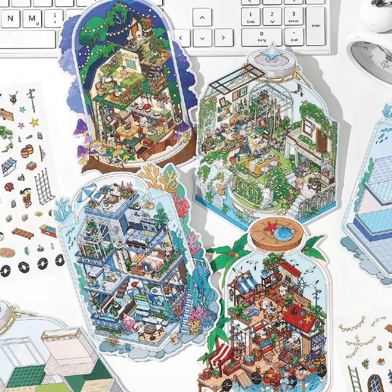Kawaii Tiefsee-Heim 3D DIY Landschaftsaufkleber Taschenhütten-Szene zum Stapeln und Kleben Festival Geburtstagsgeschenk für Kinder ﻿ ﻿