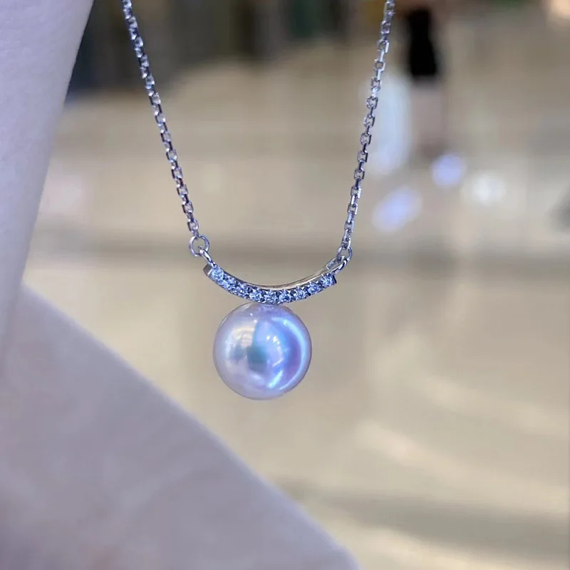 

18K Gold Akoya Natural Seawater Pearl Necklace, Single Round Pendant Collarbone Chain, Elegant Jewelry Gift for Women
