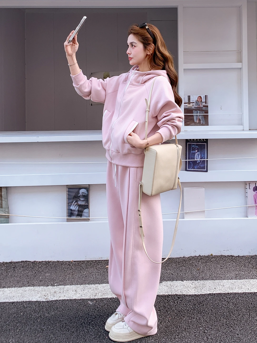 

Korean Style Casual Hooded Jacket Pants Set Women's Spring Autumn New Slimming Two-Piece Suit Pink Color Block Pocket Design