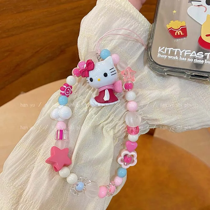 Kawaii sanrio hallo kitty handy anhänger inspearl perlen armband tasche dekoration zubehör für mädchen süßes schlüssel bund geschenk