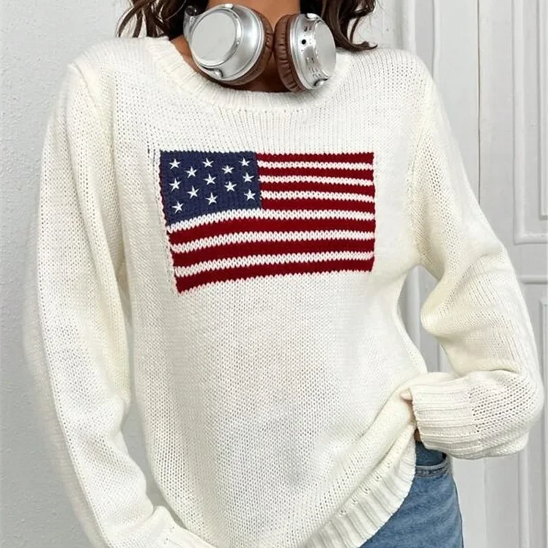 New Autumn & Winter Women's Loose Round Neck National Flag Pattern Simple and Versatile Knitted Sweater Women Fashion Knit Top