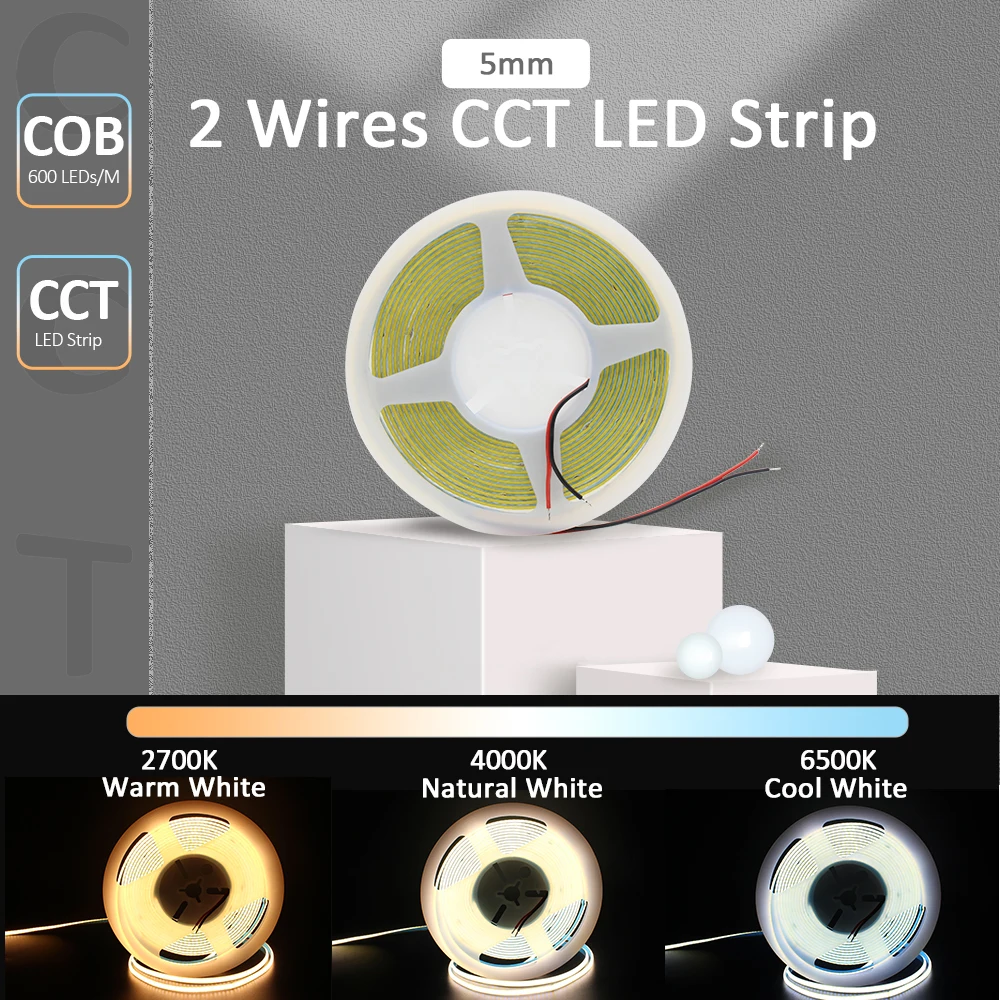 5M 12V 24V DC 2 przewody CCT pasek światła 600 led/m elastyczna wstążka podwójna biała FCOB lampa taśmowa 5mm PCB liniowe światła