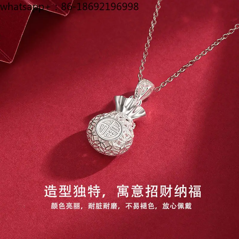 Pure Silver 999 Sterling Silver Lucky Bag Necklace Exquisite Pendant Collarbone Chain