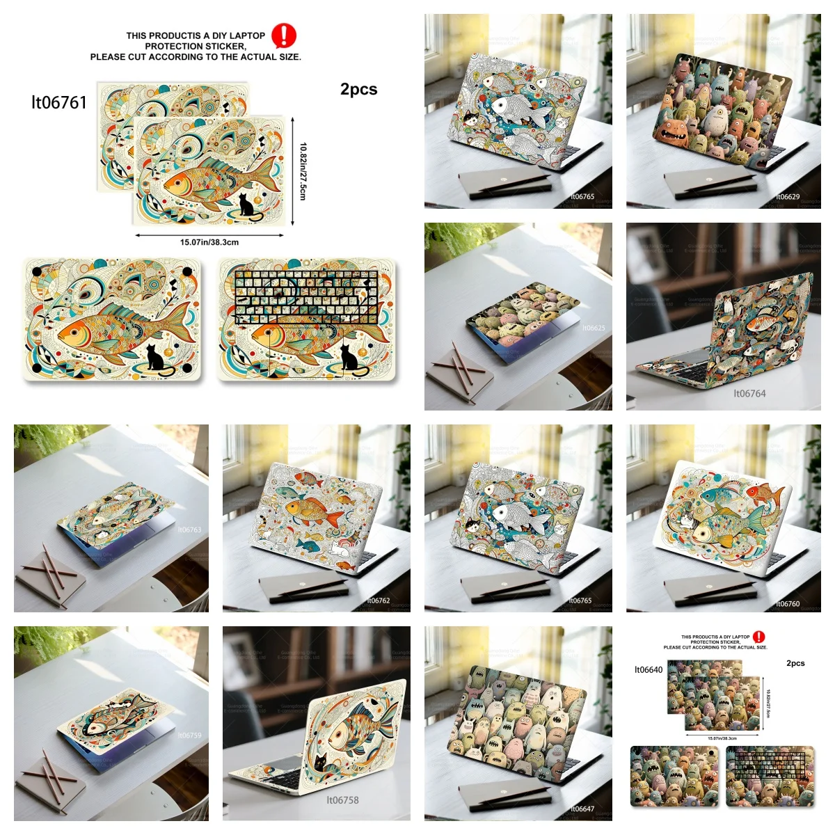 2PCS Mandala Fish & Cat Laptop Skin Sticker, Boho Art Style Colorful Doodle Decal Cover for Macbook HP Dell Lenovo 11-17 inch