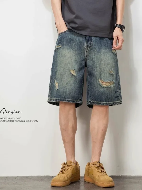 

Рваные мужские джинсовые орты свободного кроя, тонкие летние повседневные винтажные джинсы со средней талией длиной пять четвертей, молодежные модные джинсы orts