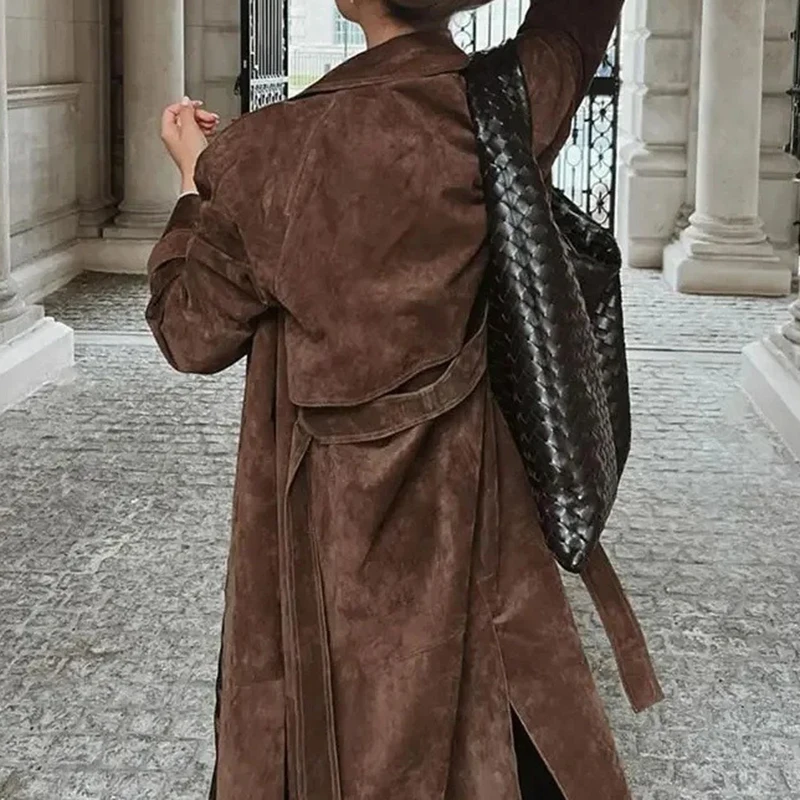 

2025 New Lady High Street Trendy Outerwear Casual Double Breasted Suede Jacket Women Vintage Temperament Lace Up Lapel Long Coat