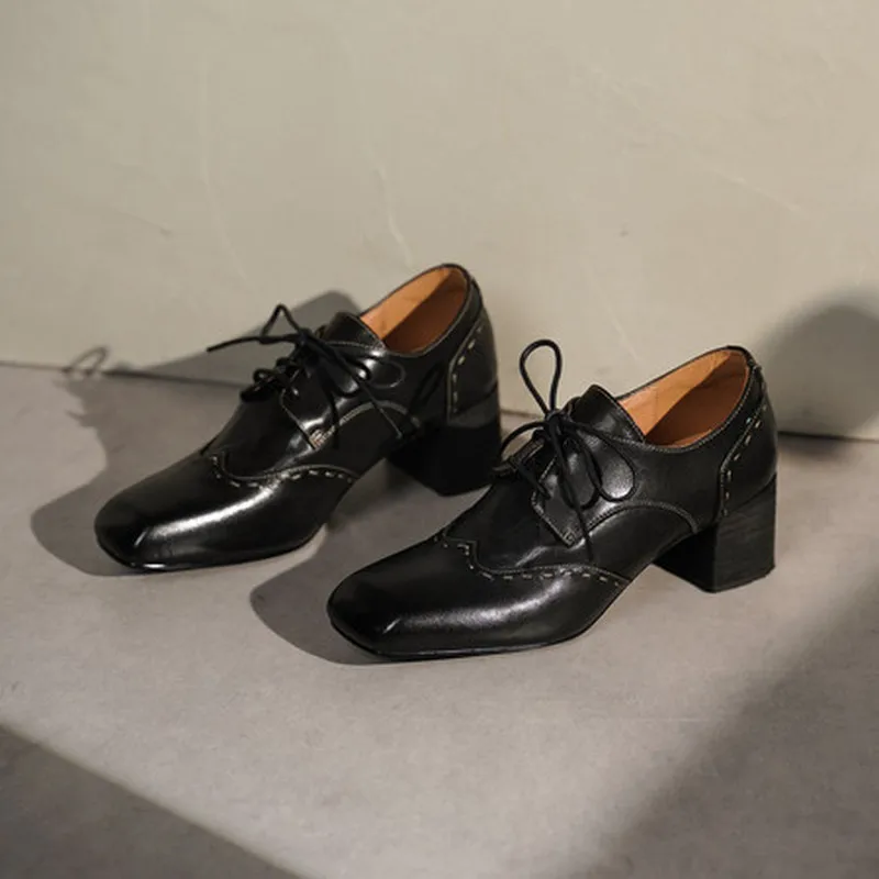 Women Retro Square Toe Lace Up Oxford Shoes 5cm Chunky Block Heel Genuine Calfskin Upper Pigskin Lining Cow Leather Insole G425 - view 6