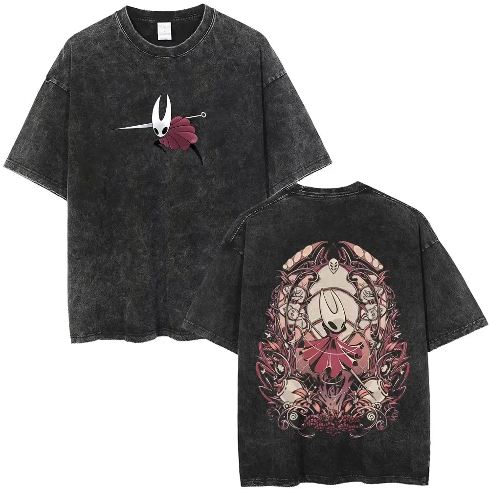 Hollow Knight: Silksong Double-Print Distressed T-Shirt: Charcoal Oversize Base with IP Symbol & Hornet Design Fan Merch