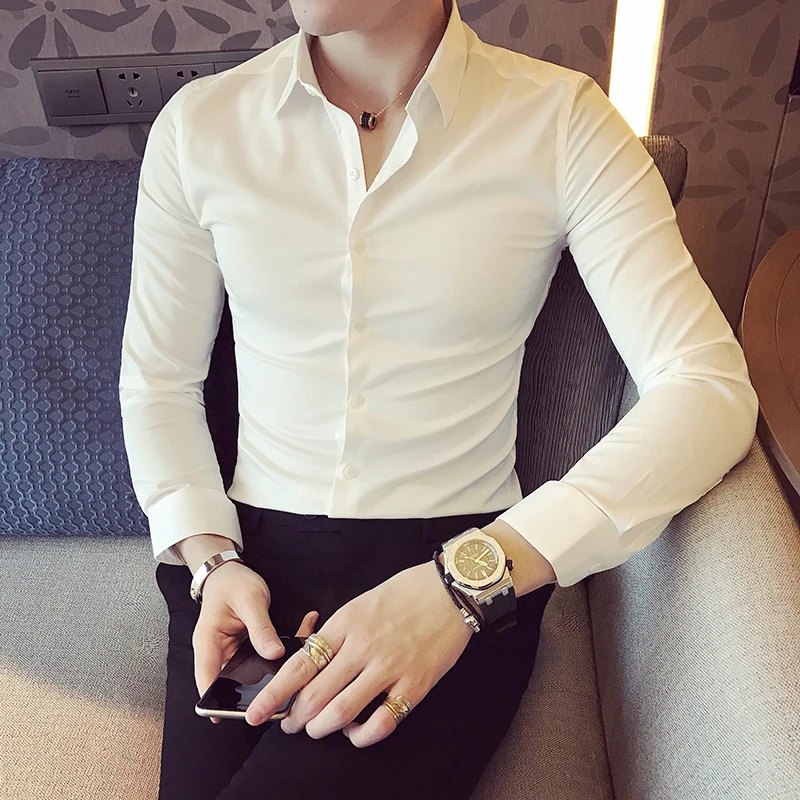 High Quality Men Dress Shirt 2024 New Arrival Long Sleeve Solid Business Slim Fit Shirts Fashion Casual Club Social Wear Homme