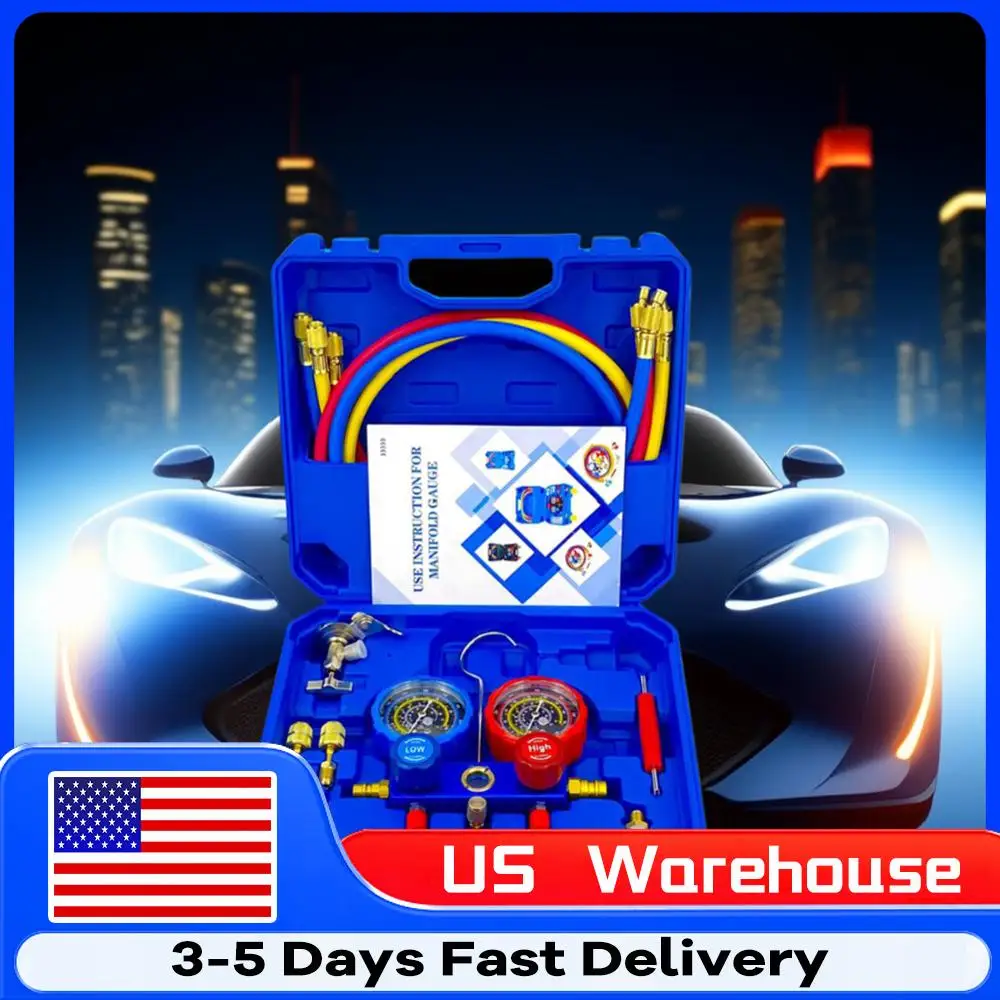 Set Manifold Gauge AC 3 Jalur dengan Selang 1.2m, Set Manifold Gauge AC untuk Pengisian Freon R134A/R22/R410/R404