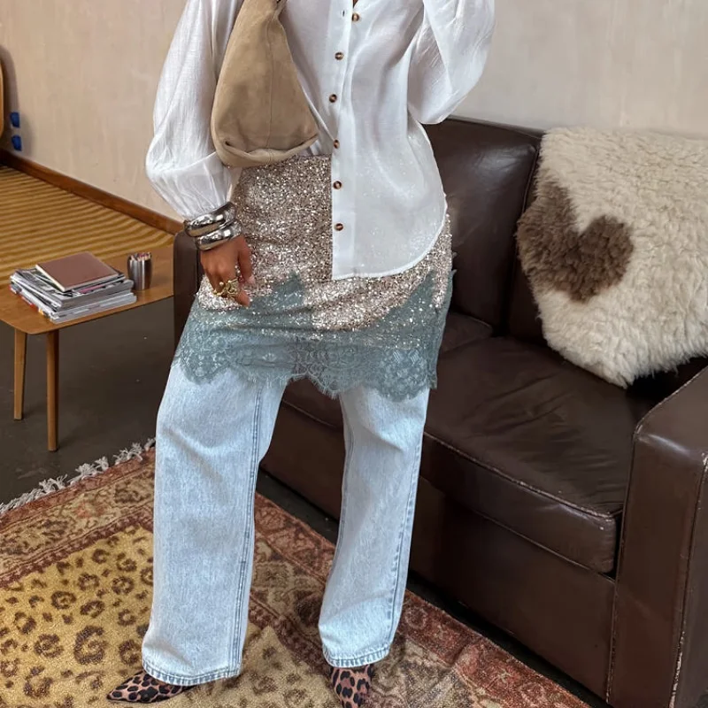 

Womens Y2K Sequin Lace Trim Mini Skirt Sparkly Mesh Ruffle Layered Patchwork High Waist Bodycon Skirts Party Outfits