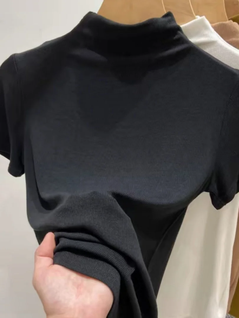 

Casual Half-High Collar Short Sleeve T-Shirt Women's plus Size Inner Wear Commute Sexy Bottoming Shirt Simple Style All Seasons