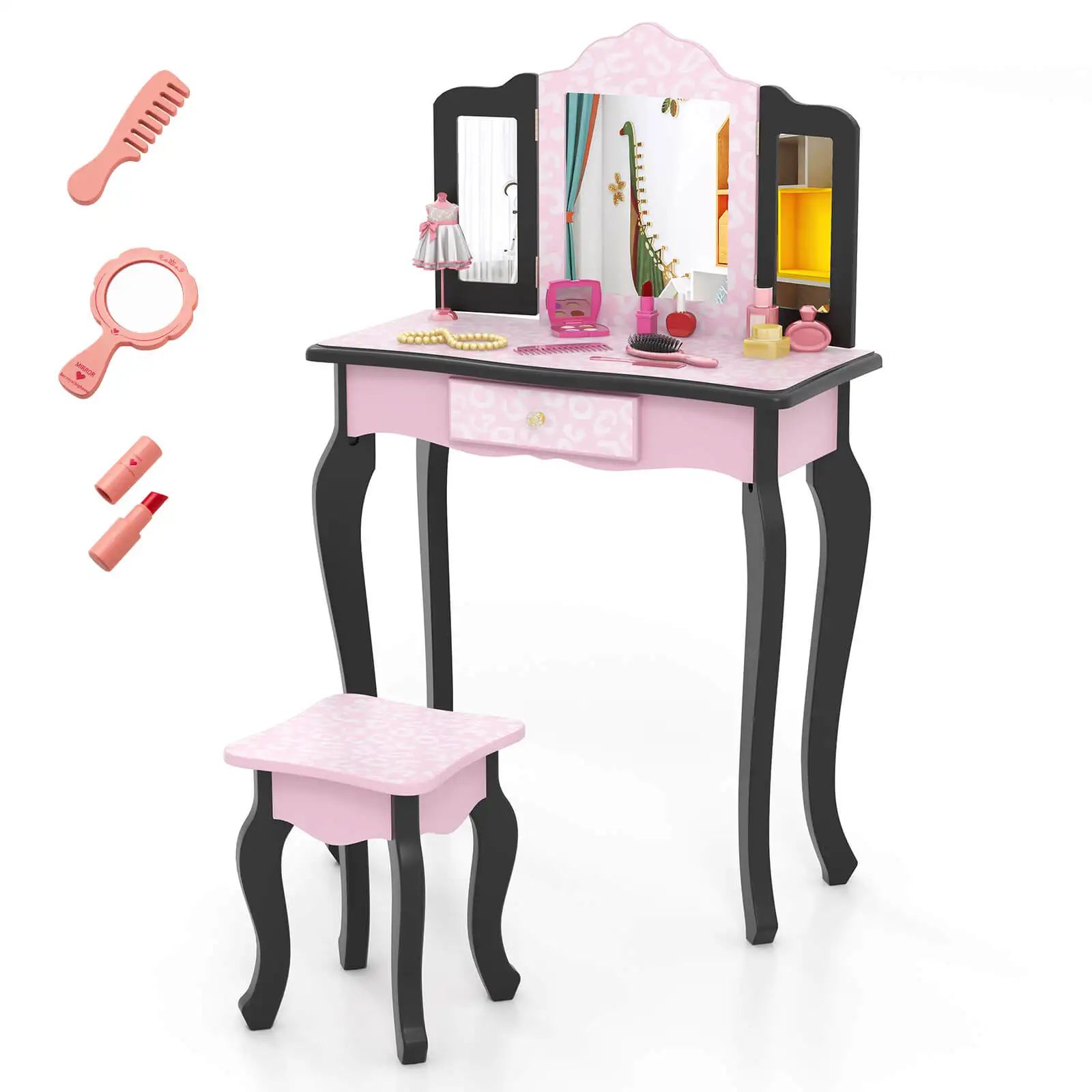 

Kids Vanity Set Toddler Makeup Table & Stool w/ Tri-folding Mirror Drawer