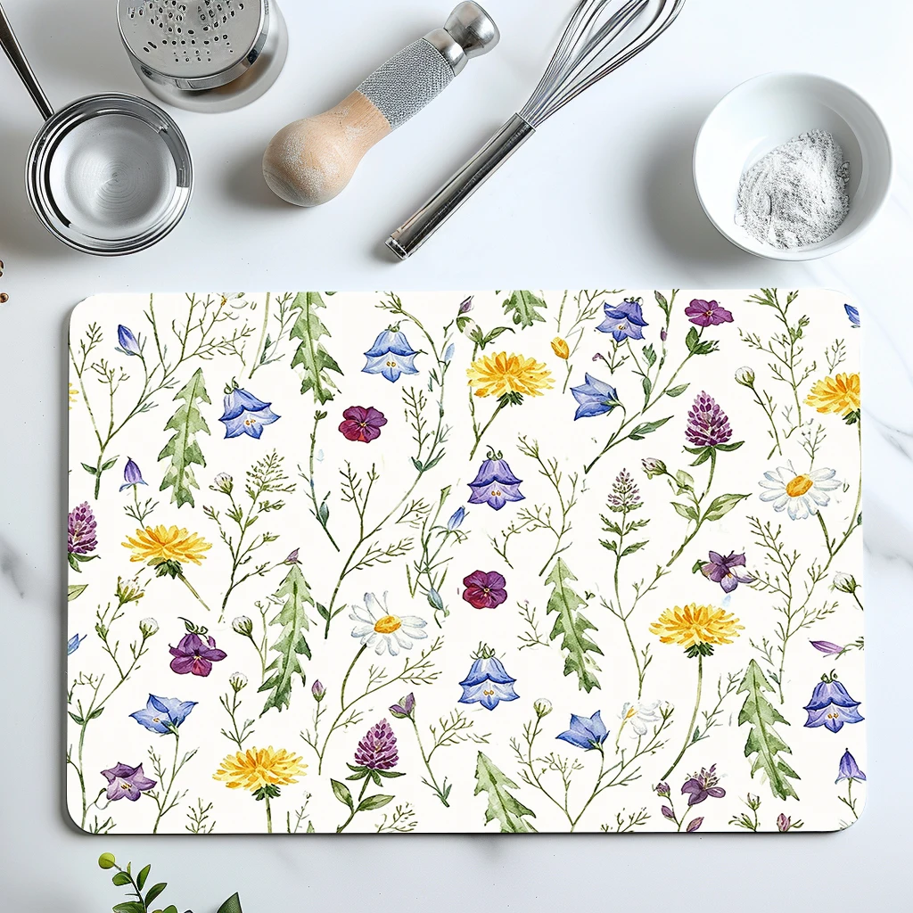 Watercolor Wildflower Pattern Polyester Absorbent Mat - Stylish Mat for Home Kitchen, Practical Countertop & Sink Area Accessory