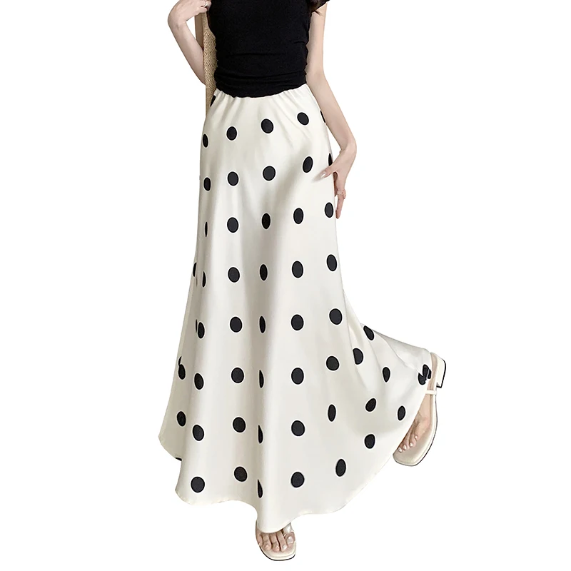 Zwarte Polka Dot Rokken Vrouwen Zomer Satijnen Rokken Hoge Taille Elegante Zeemeermin Rokken Koreaanse Mode Lange Fishtail Rok 2024 Nieuw