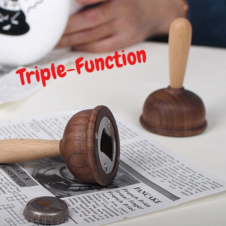 

Funny Wooden Art Plunger Bottle Opener，3-in-1 Magnetic Fridge Magnet & Desktop Decor, Portable Beer Opener