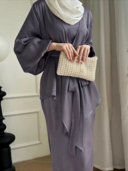 Eid Muslim 2 Piece Set Women Dress with Tops Suit Abaya Jalabiya Long Robe Sashes Ramadan Morocco Dubai Kaftan Islam Vestidos